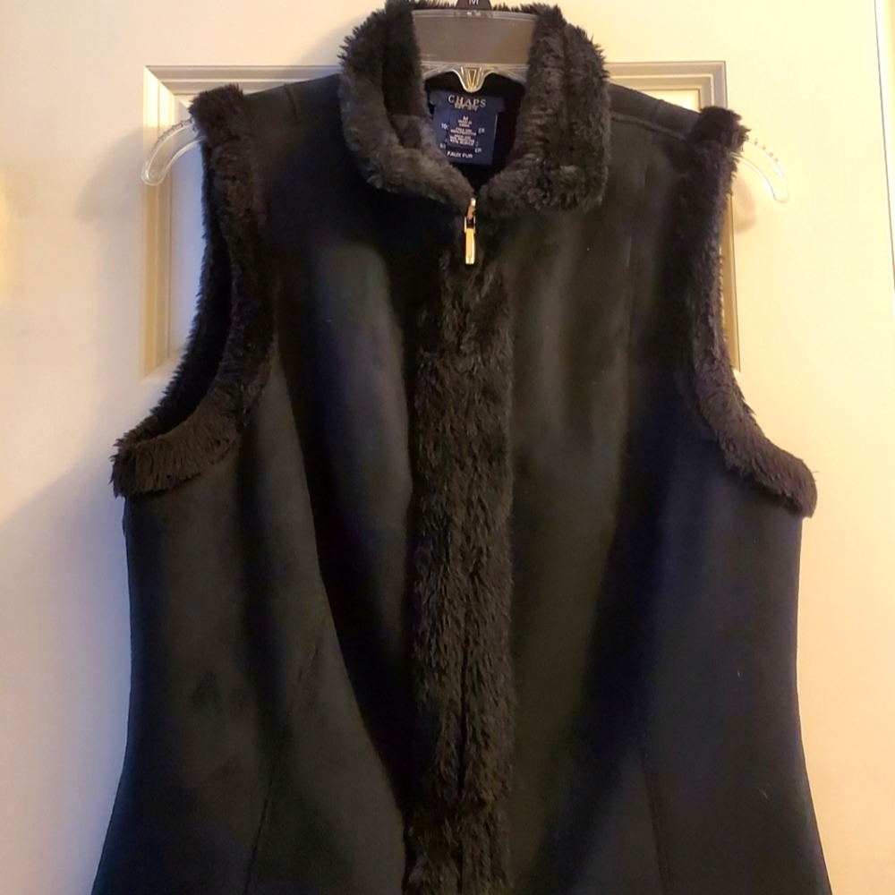 Chaps Black Faux Fur Zip Up Vest